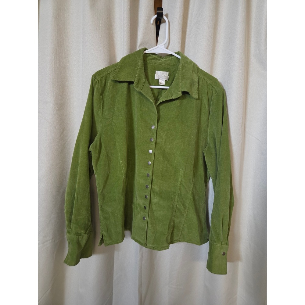 Christopher & Banks Womens XL Green Corduroy Button Down Shirt Stretch Sleeve